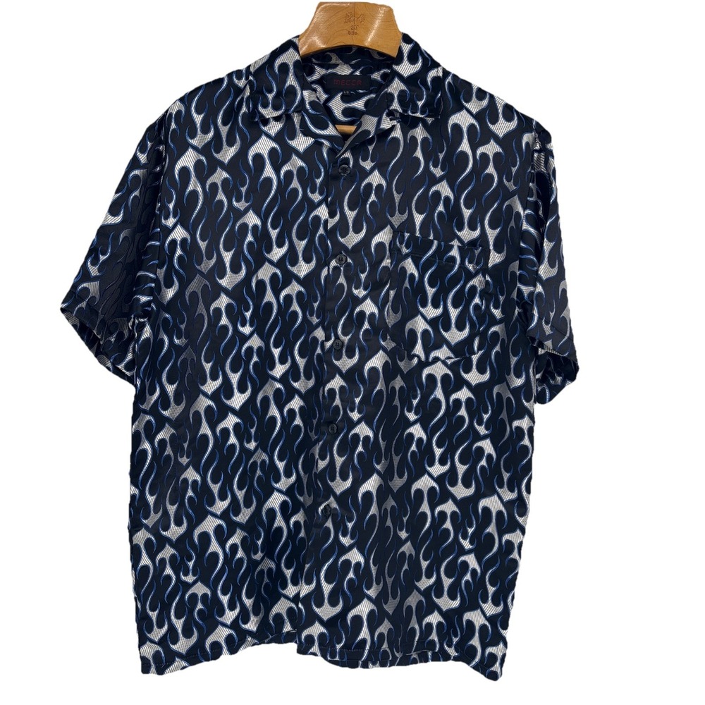 Y2K Mecca Mens Satin Flames Damask Button Up Shirt Large Bowling Streetwear
